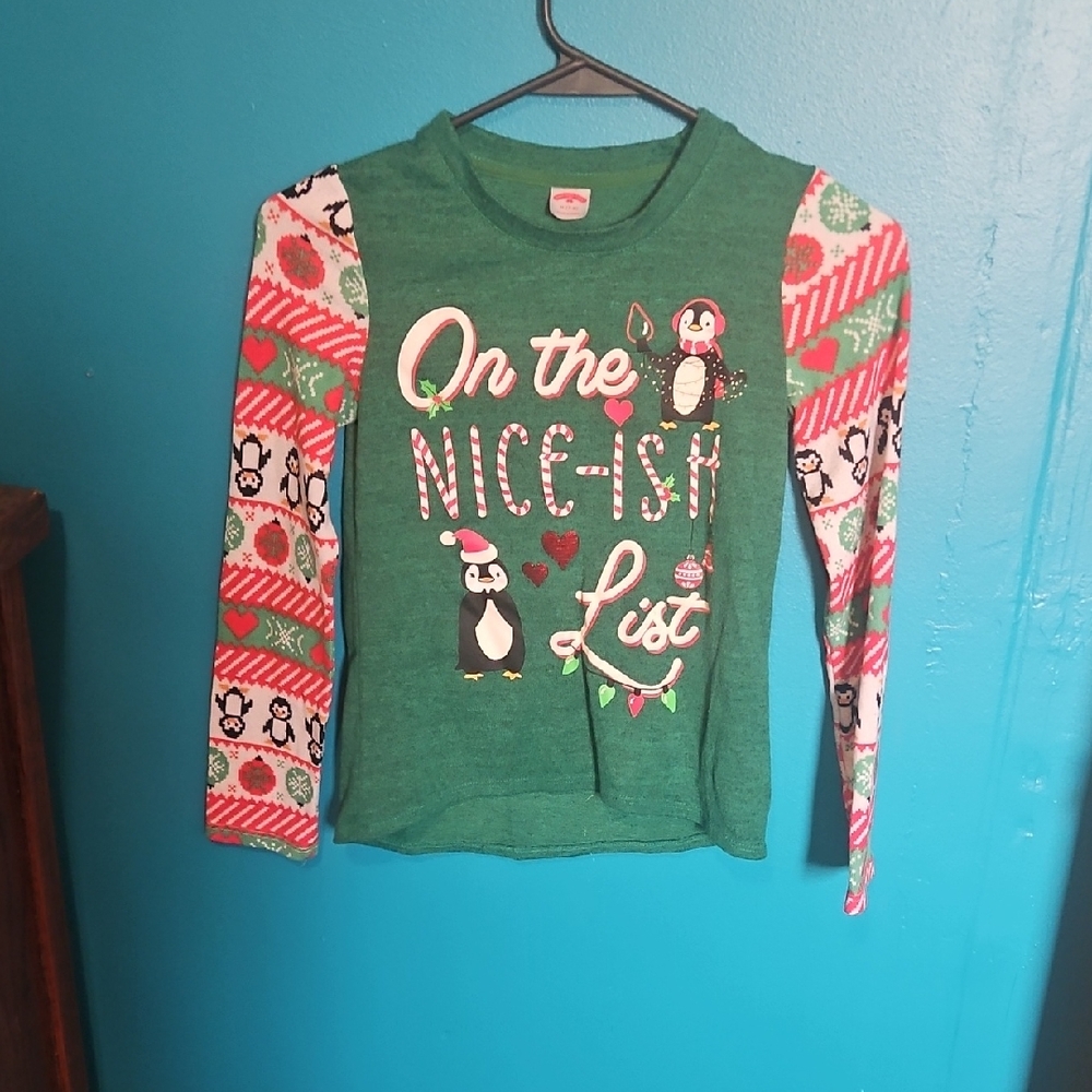 Holiday Time Green Penguin "On the Nice-ish List" Long Sleeve Tee